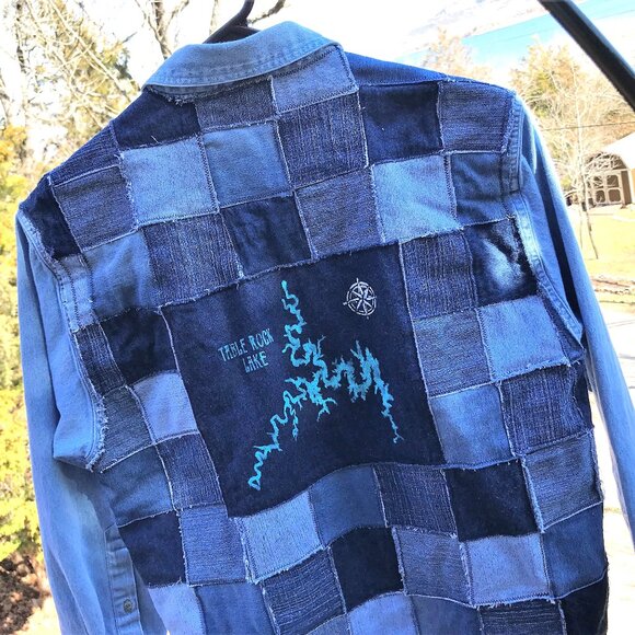 Table Rock Lake Map Patchwork Denim Jacket, Men M: Upcycled Handmade Distressed - Picture 1 of 10